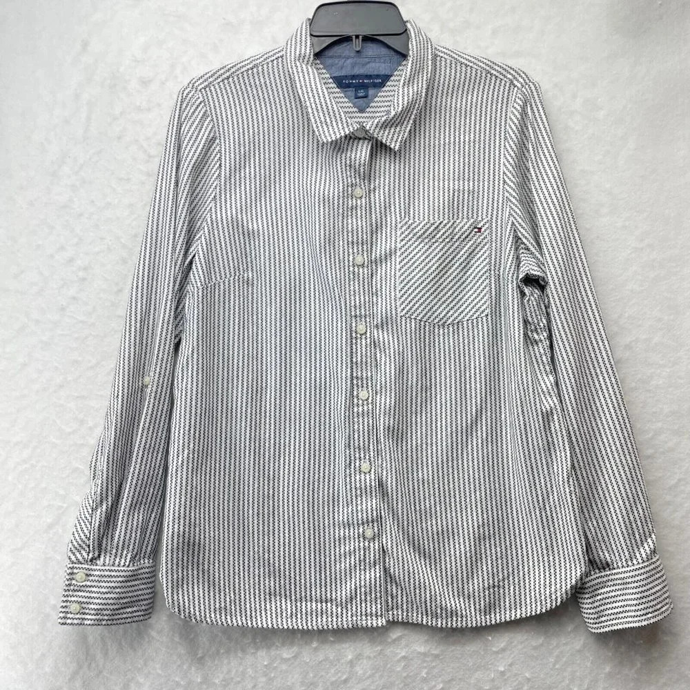 Tommy Hilfiger Shirt Women's L White Black Stripe Collared Button Up Long Sleeve